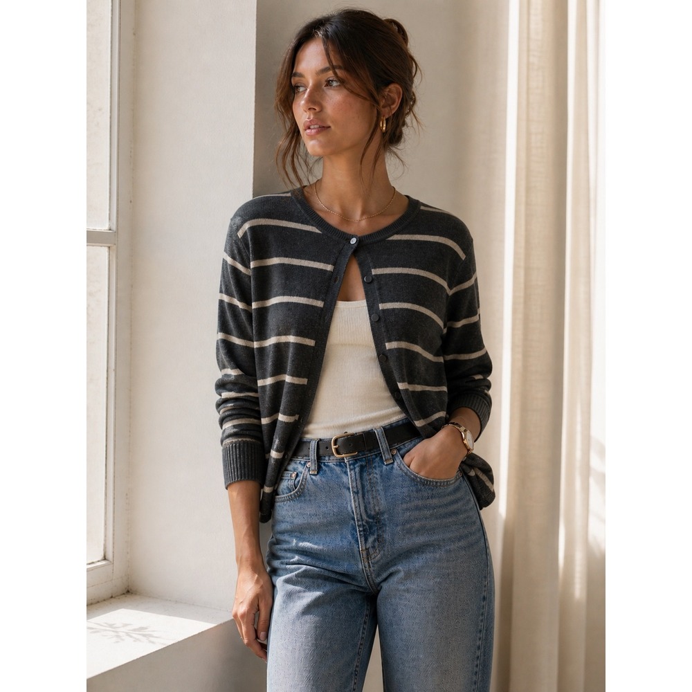 August Silk Cotton Cardigan Size XL Neutral Gray Striped Button Front Minimalist